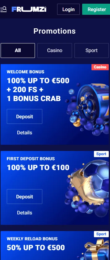 Frumzi Casino mobile promotions area with rewards and tournament offers