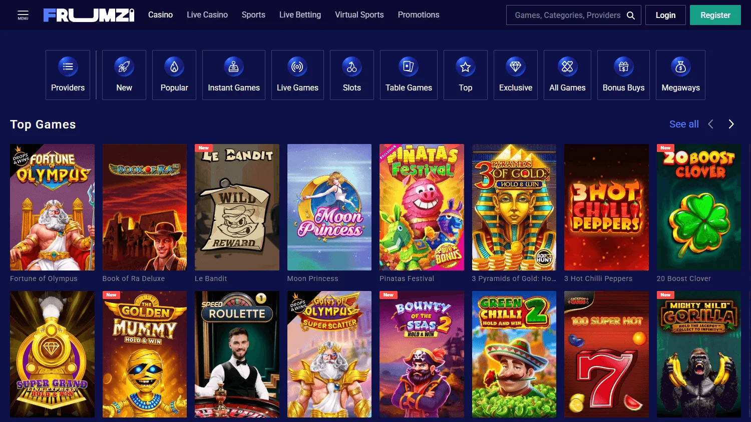 Frumzi Casino desktop games area with casino and live game categories