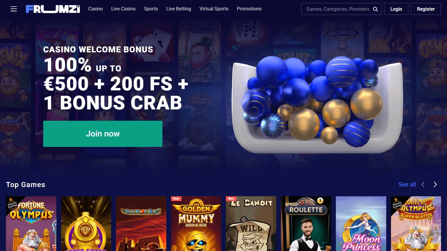 Frumzi Casino desktop home with casino, live casino and sportsbook access