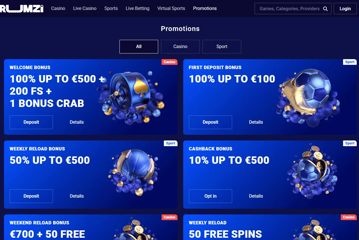 Frumzi Casino desktop promotions area with bonuses, cashback and tournaments