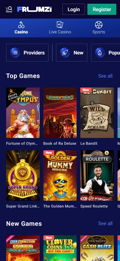Frumzi Casino mobile games area with casino and live dealer categories