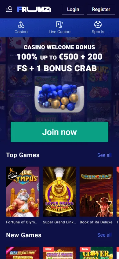 Frumzi Casino mobile browser home with casino and sportsbook sections